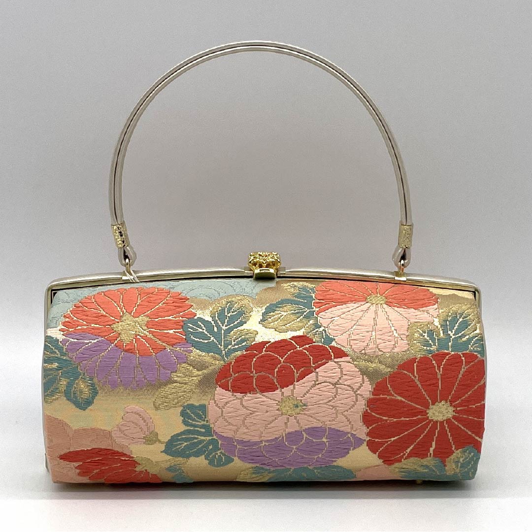 (Like New) Formal Zori and Bag Set, Grade A, Chrysanthemum Design, Obi Fabric, Size Small, Gold Finish, 1133000433221