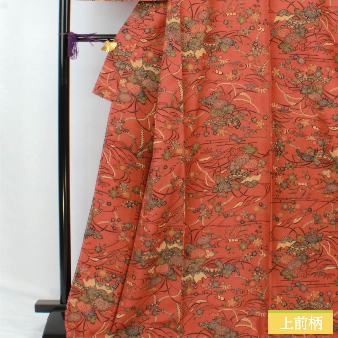 Small-patterned kimono, polyester, S rank, length 169.5cm, sleeve length 67cm, lined, scarlet copper (hidoushoku) color, stencil-dyed floral pattern, with basting thread, washable, brown, 1115007112514