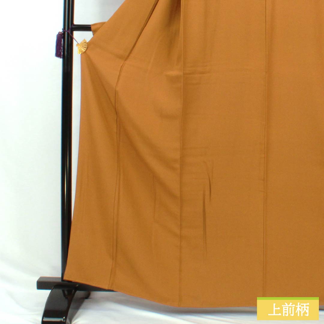 Solid-colored silk kimono, S-rank, length 163cm, sleeve length 66cm, gold yellow (Chinhuang-iro) color, one crest, five-three paulownia pattern with a circle, plain kimono, lined, orange, product number 1114002522426