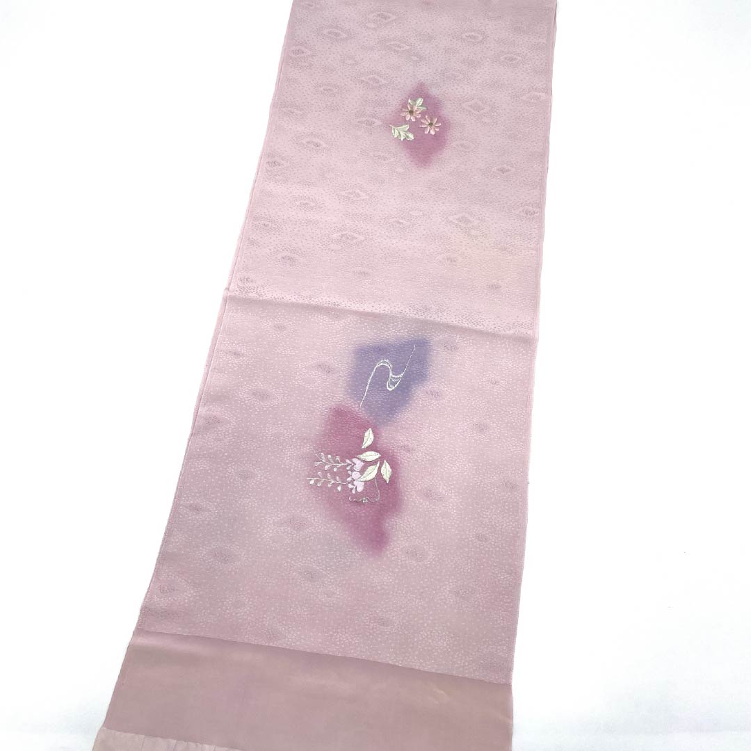 Obiage silk A-rank semi-formal white plum color (shiraumeiro) embroidered flowers and plants length approx. 165cm width approx. 29cm pink系 1136004233913