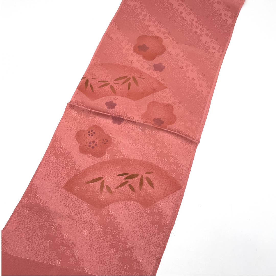 (新古品) 帯揚げ 正絹 フォーマル 桃紅色色(とうこうしょくいろ) 梅 笹 扇面 長さ約179cm 幅約30cm Sランク ピンク系 1136000222913
