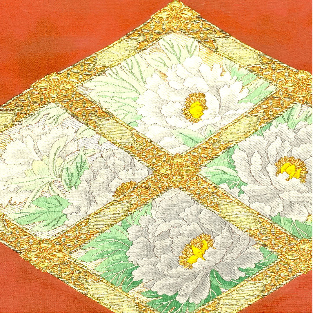 Fukuro obi with gold leaf, diamond and flower pattern, obi length 438cm, pure silk, S rank, point pattern, formal, vermilion, 1123003612316