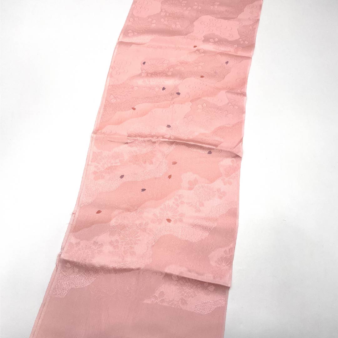 Obiage, pure silk, S rank, semi-formal, pale crimson, Michinaga-dori with cherry blossoms, length approx. 183cm, width approx. 29cm, pink family, 1136002632913