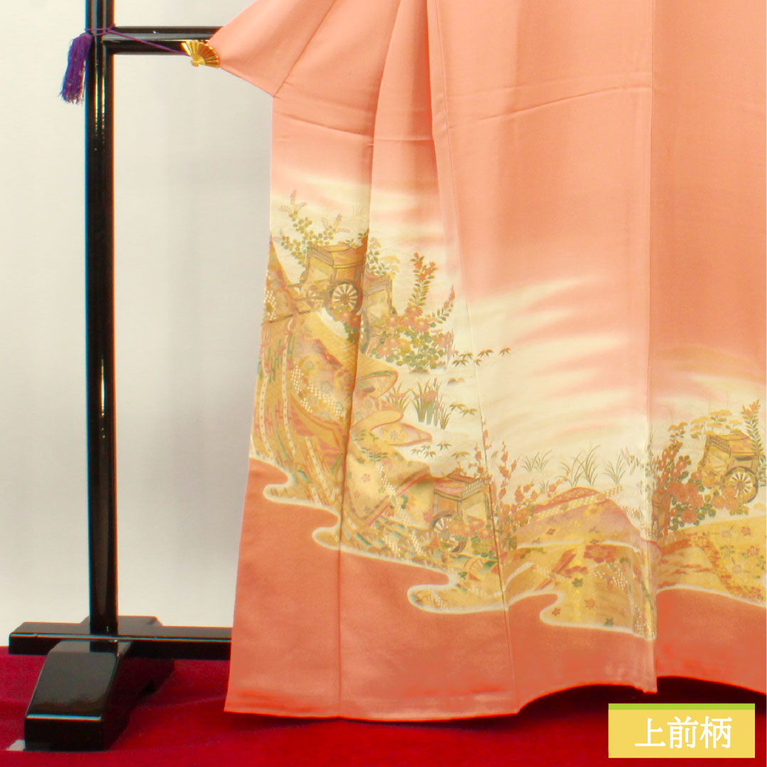 色留袖 正絹 身丈164cm 裄丈67.5cm 袷 洗朱色(あらいしゅいろ) 寿光織 御所車 王宮紫苑圓 一つ紋 揚羽蝶 Sランク 一つ紋 ピンク系 1111001222413