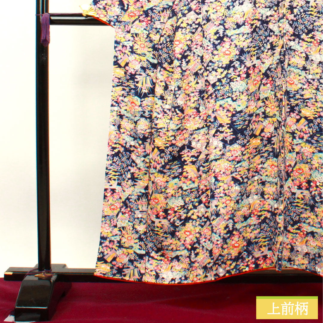 Small pattern, pure silk, length 157cm, sleeve length 64cm, lined, navy blue bellflower color, floral pattern, Chayatsuji, S rank, navy blue, 1115003632318