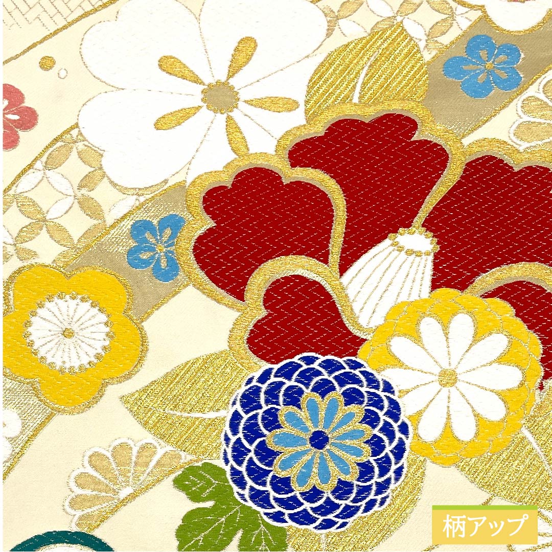 Fukuro obi, pure silk, milky white color, pine, bamboo, plum, camellia, cherry blossom, shippo, obi length 436cm, S rank, six-way, formal, cream color, 1123011662315