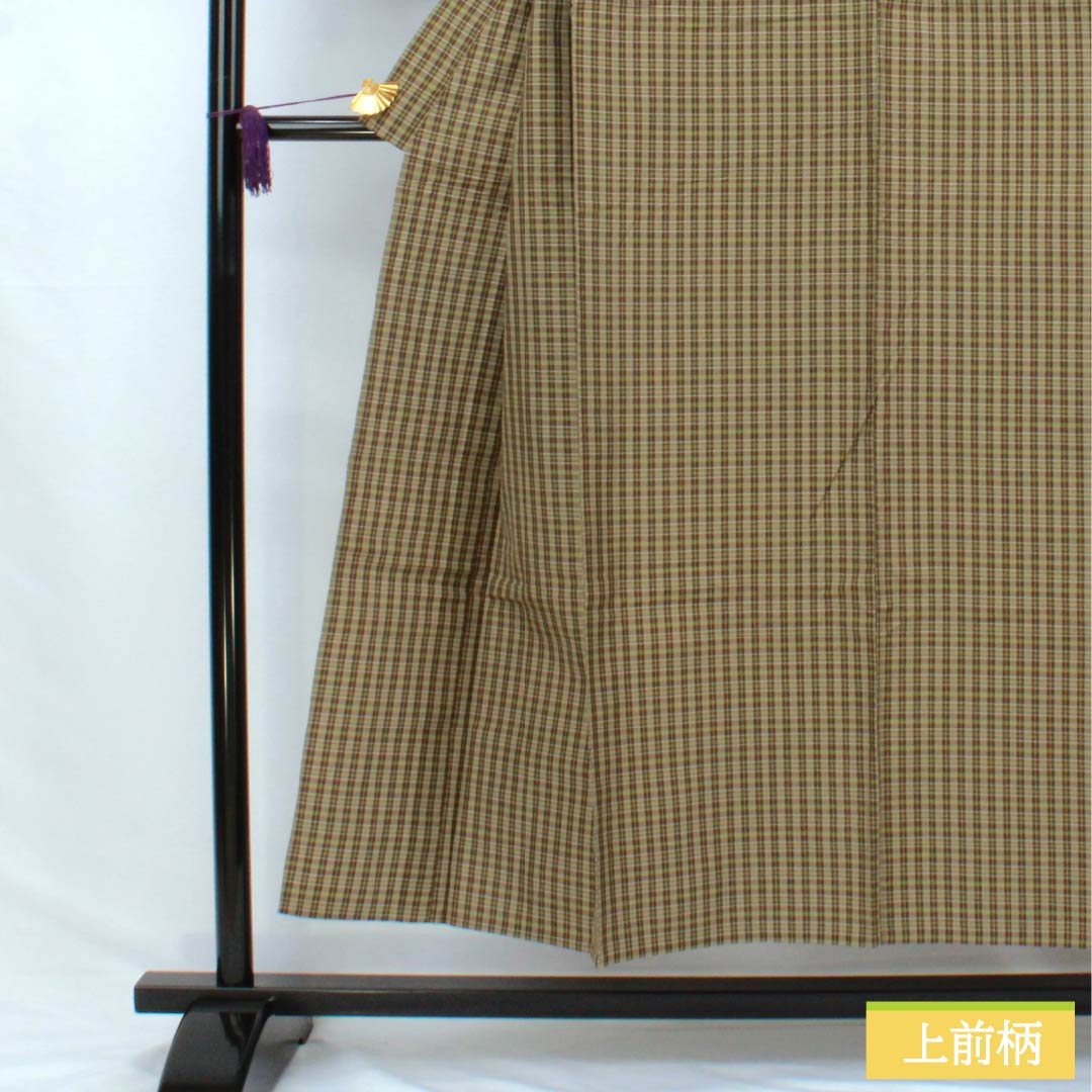 男物 木綿 Sランク 身丈148.5cm 裄丈68cm 利休生壁色(りきゅうなまかべいろ) 憲法茶色(けんぽうちゃいろ) チェック柄 内ポケット付き 単衣 緑系 1119001092419