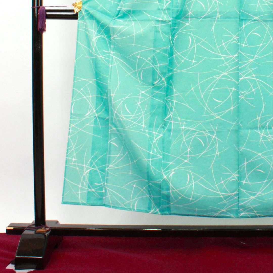 Summer kimono, polyester, small pattern, length 154.5cm, sleeve length 61.5cm, light blue, washable kimono, geometric pattern, silk, S rank, light blue, 1132001722224
