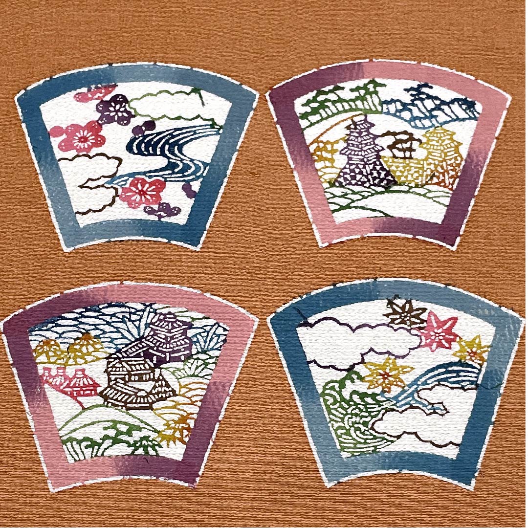 Nagoya obi, Spicy color, Chirimen fabric, Fan pattern, Four seasons scenery pattern, Obi length 390cm, Pure silk, S rank, Point pattern, Casual, Pink, 1124004682313, Nagoya style