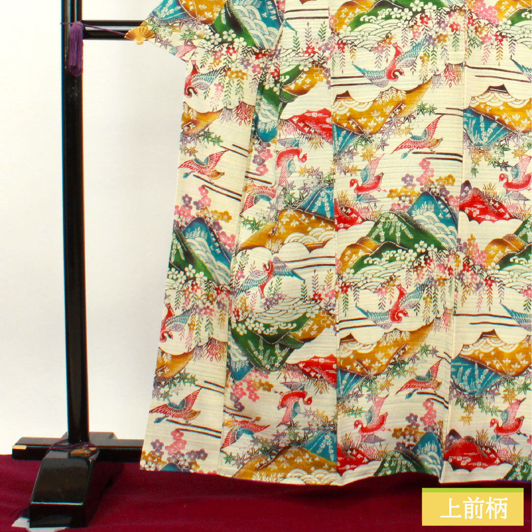 小紋 正絹 身丈161.5cm 裄丈63.5cm 袷 京紅型 梅 鶴 遠山 Sランク グラデーション系 1115003562499