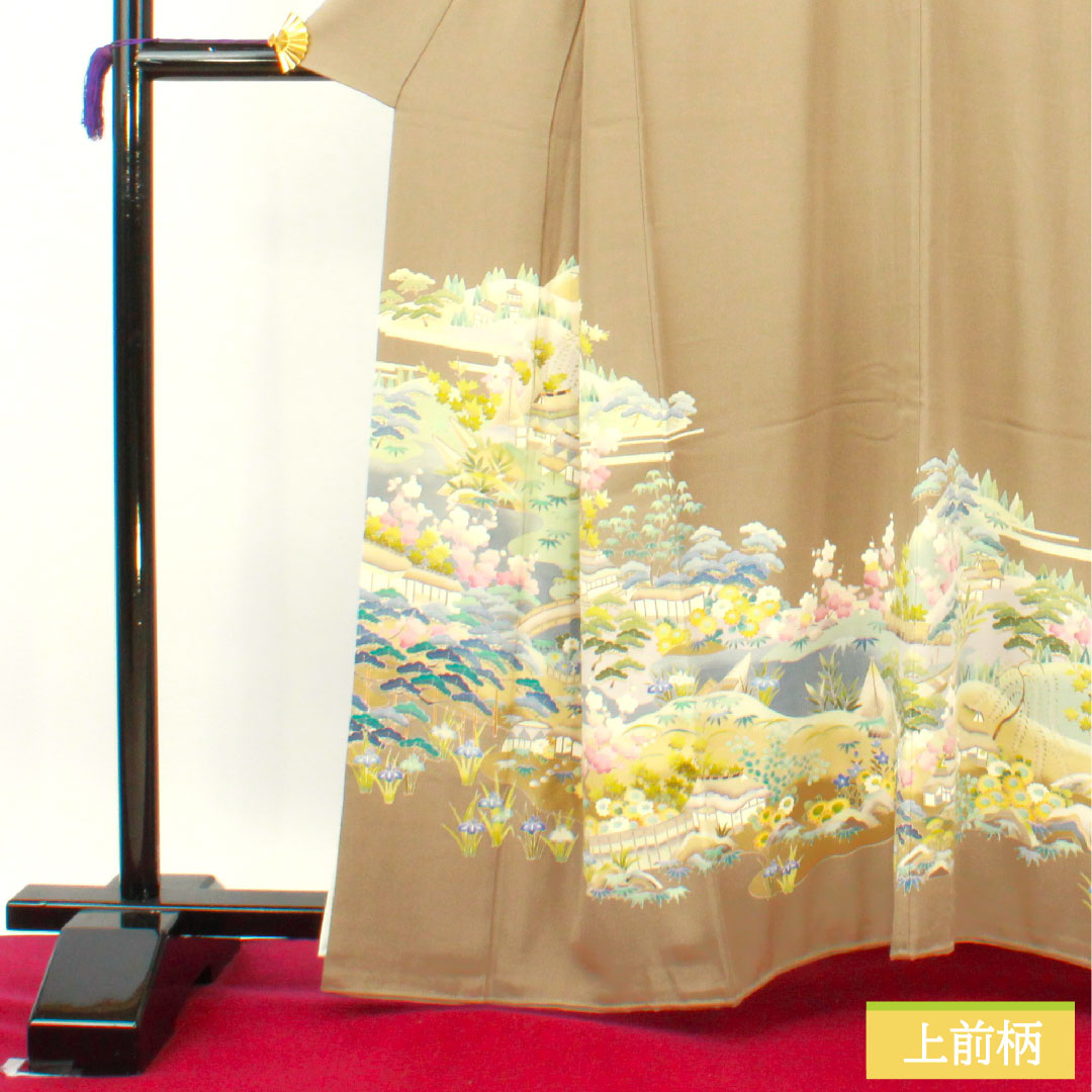 色留袖 正絹 身丈161cm 裄丈66cm 袷 壁鼠色(かべねずいろ) 京加賀友禅 比翼仕立て 風景模様 三つ紋 蔦 Aランク 茶系 1111001403414