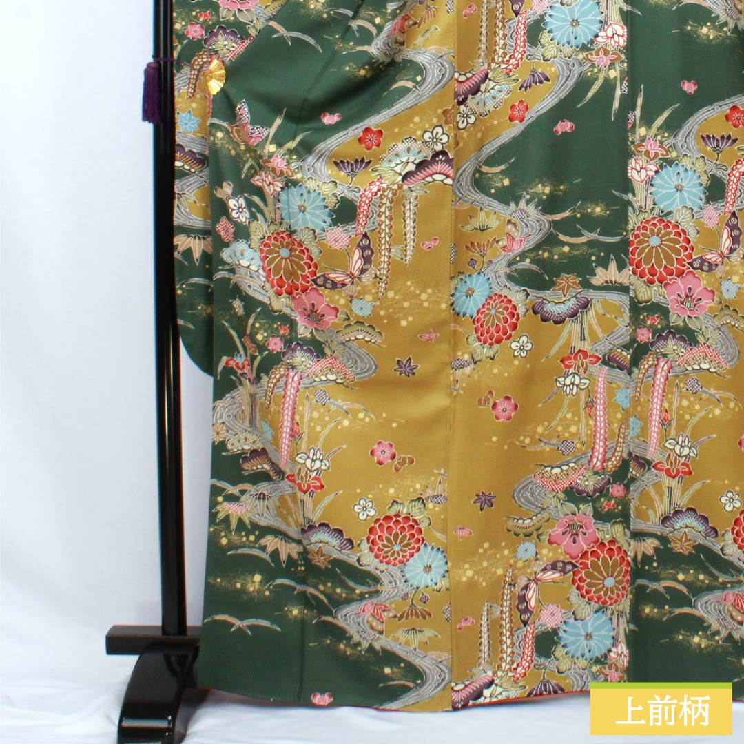 Furisode (long-sleeved kimono) made of pure silk, grade A, length 168cm, sleeve length 68cm, lined, rapeseed oil color (natane-aburairo), Kyoto Yuzen sash pattern, Keicho pattern, yellowish pongee fabric, product number 1113002523523