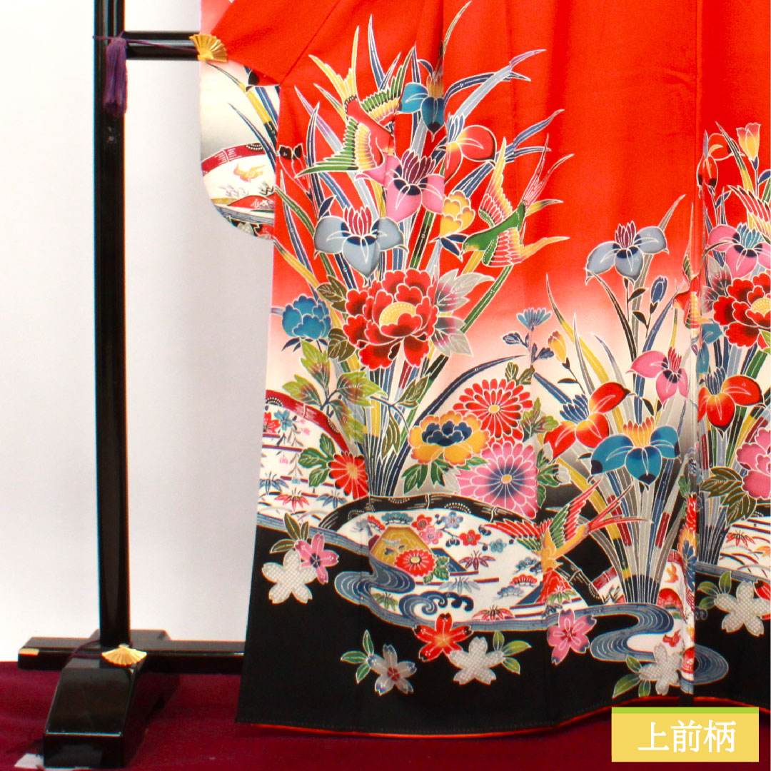 Furisode, pure silk, length 164cm, sleeve length 65.5cm, lined, scarlet, Kyoto Bingata, auspicious motif, S rank, red, 1113001832412
