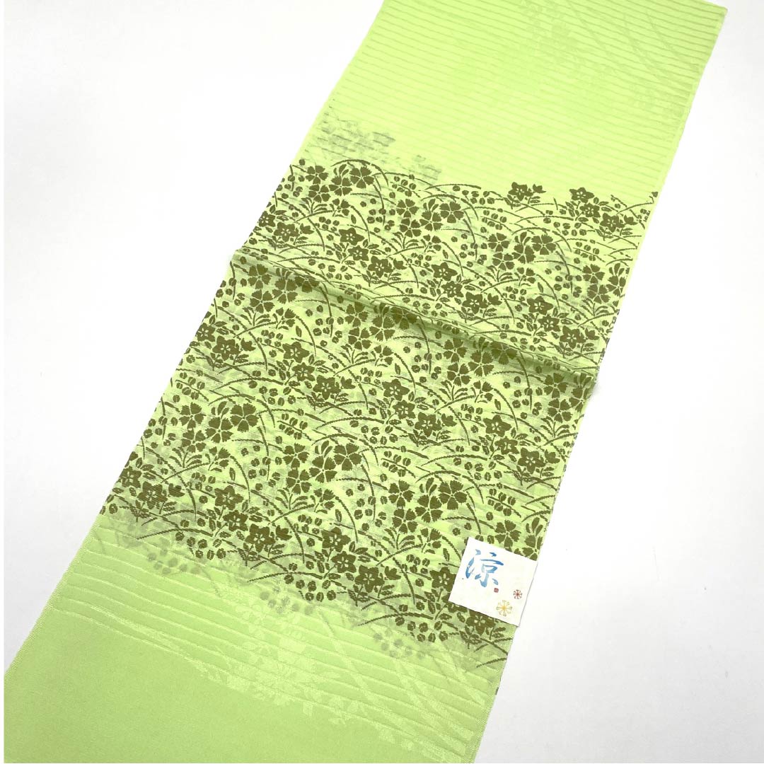 (New) Obiage, pure silk, semi-formal, young green (Wakanairo), summer, bellflower, pink, length 172cm, width 29cm, new rank, green, 1136000701919