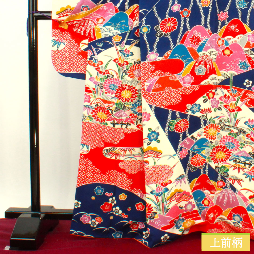 振袖 正絹 身丈165cm 裄丈66cm 袷 瑠璃色(るりいろ) 京紅型 吉祥文様 Aランク 紺系 1113002053518
