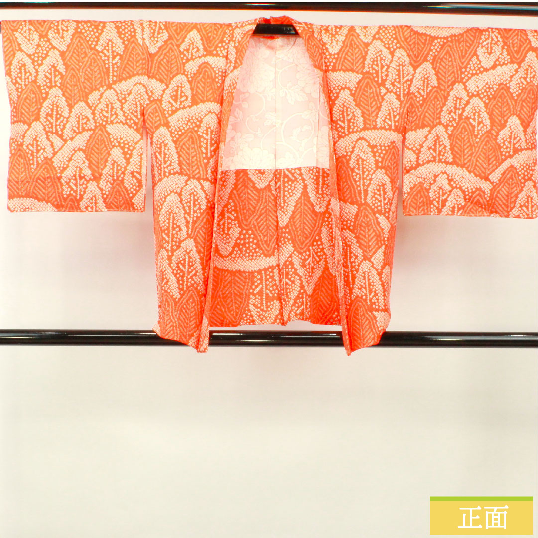 Haori (Japanese traditional coat) made of pure silk, length 74cm, sleeve length 64.5cm, maple leaf color, all-dyed, abstract pattern, with basting thread, S rank, lined, orange, 1117001072926