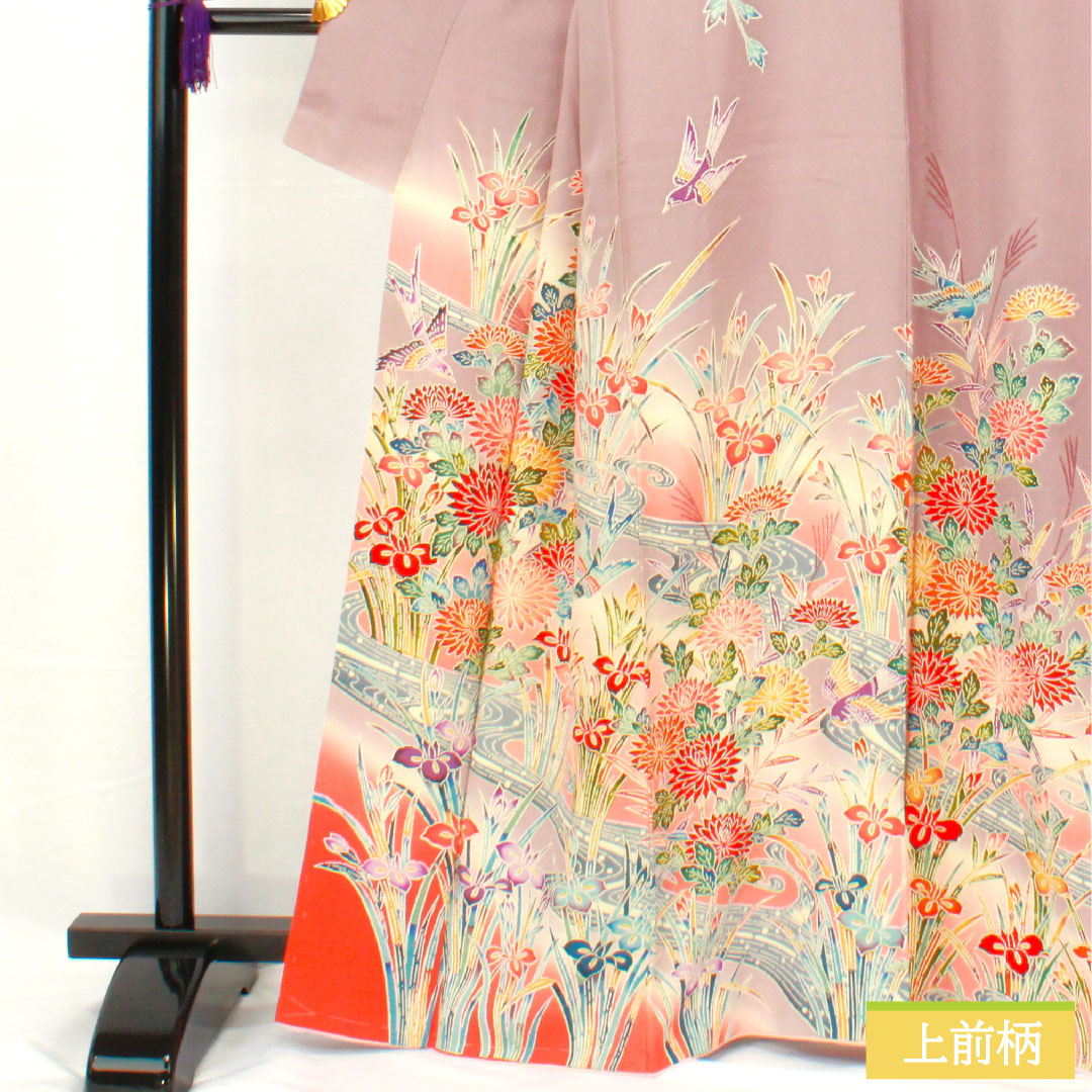 Homongi, pure silk, lined, length 164cm, sleeve length 63cm, grape color (shrimp color), Kyoto Bingata, floral pattern, A rank, purple, 1112005263420