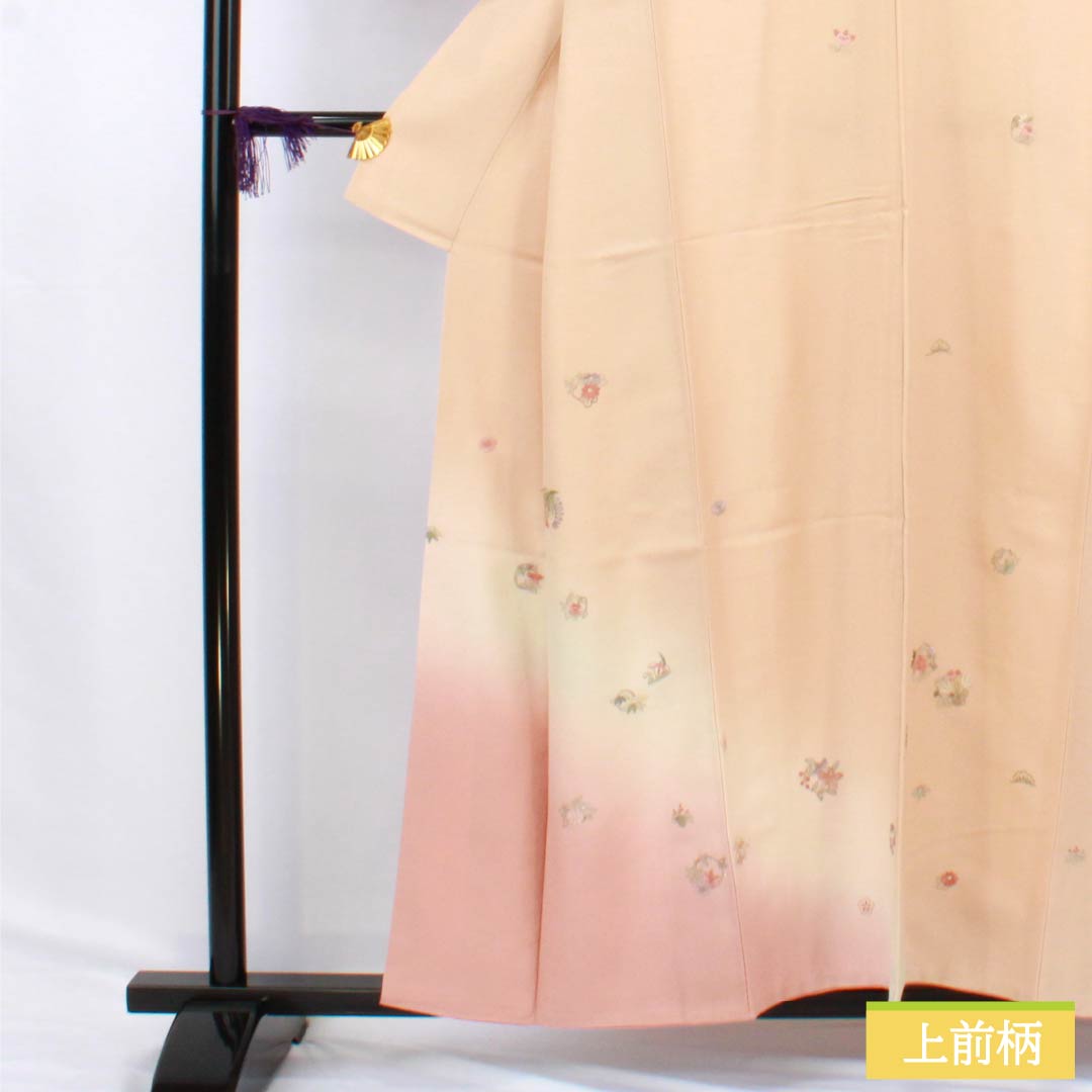 訪問着 正絹 Sランク 袷 身丈155cm 裄丈58cm 薄肉色(うすにくいろ) 縫い紋 下り藤 刺繍 重ね衿付き 草花 橙系 1112006242326