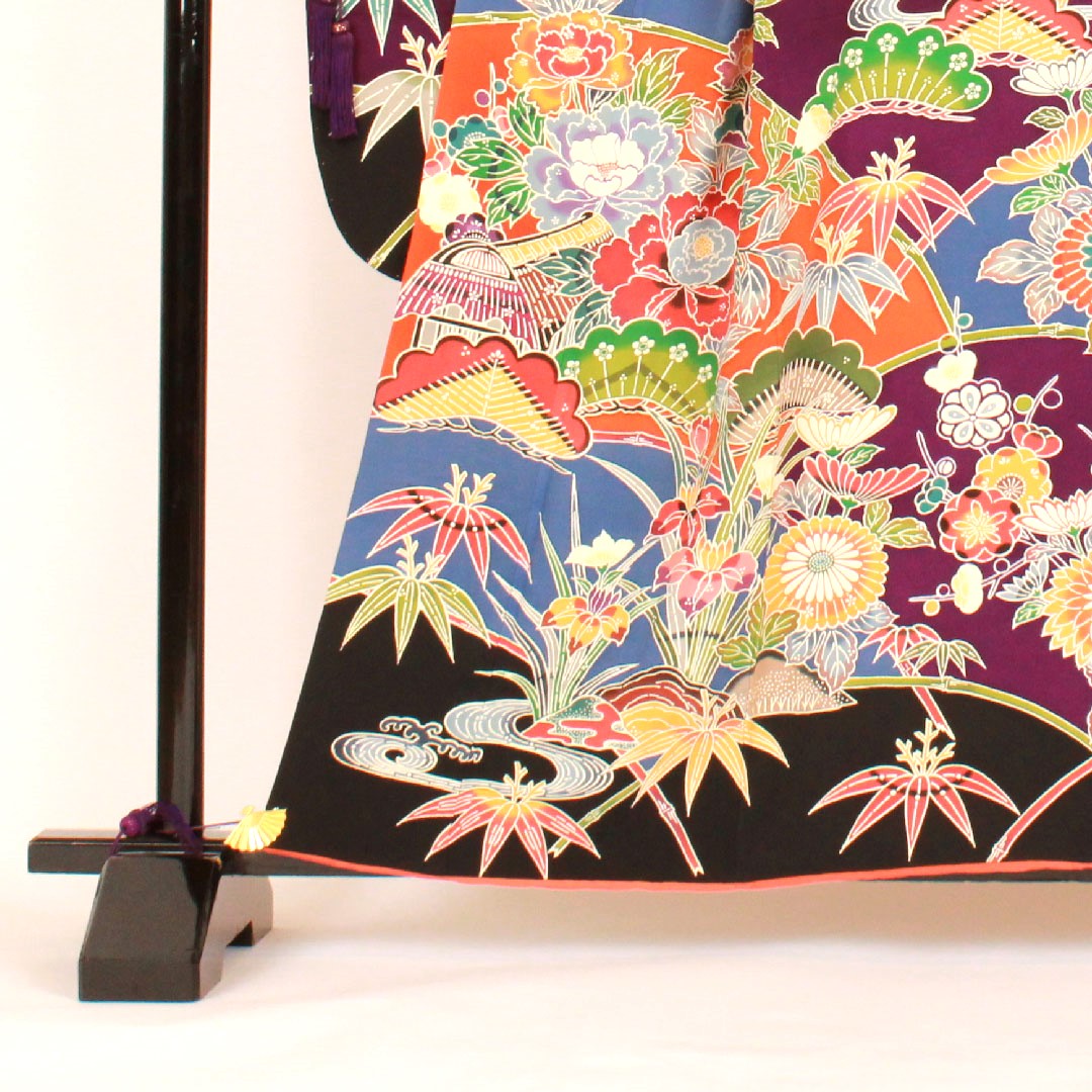 振袖 身丈160cm 裄丈68cm 袷 京紅型 松竹梅 正絹 Aランク 黒系 1113000363410
