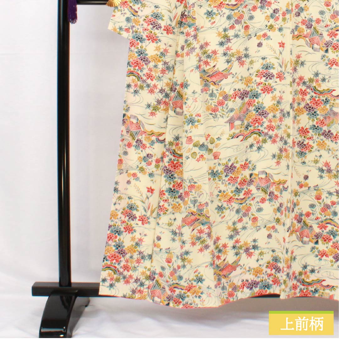Komon, pure silk, length 158.5cm, sleeve length 64cm, lined, Neriiro (Neri-iro), stencil dyeing, Bingata style, Chayatsuji, A rank, cream color, 1115005103315