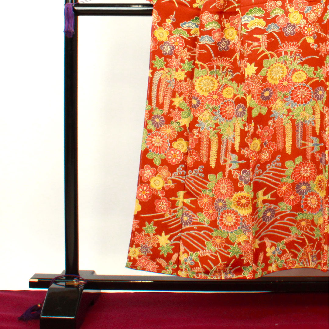 小紋 身丈154cm 裄丈61cm 袷 猩々茶色 型染 菊 梅 草花模様 正絹 Sランク 茶系 1115002652214