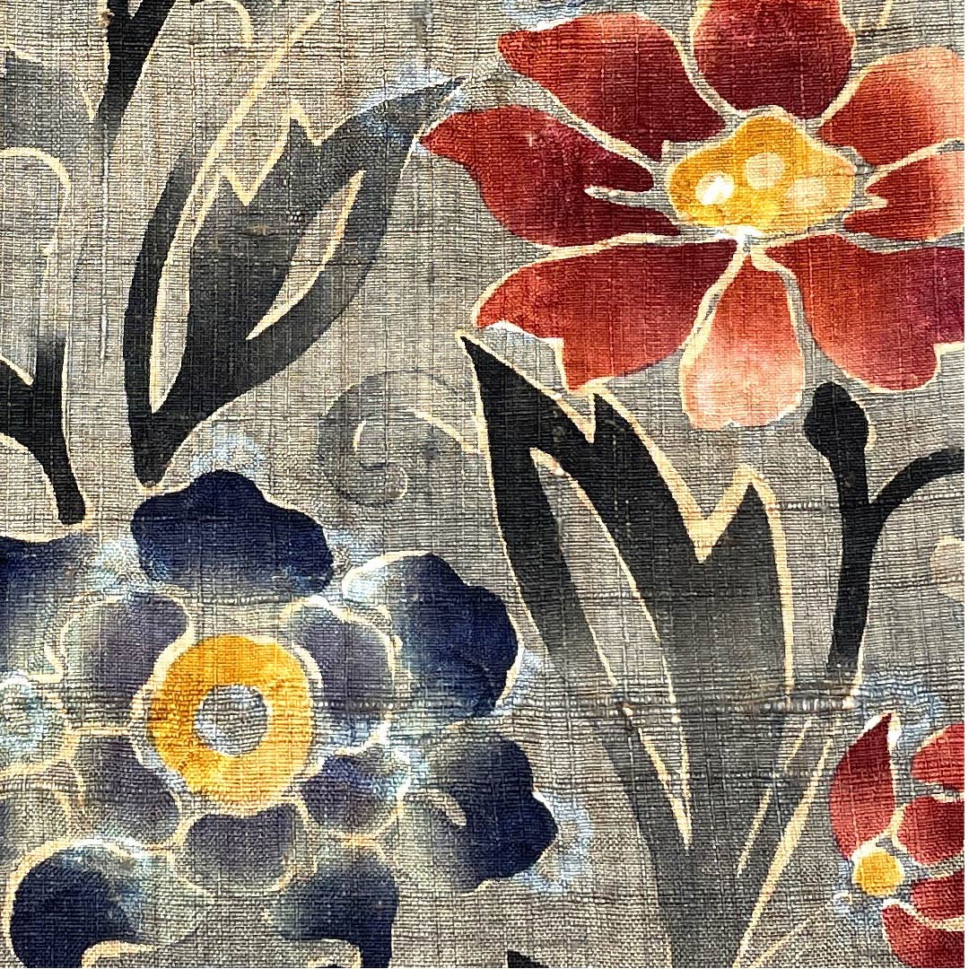 袋帯 消炭鼠色(けしずみねずみいろ) 草花模様 紬染帯 縞模様 紬地 帯丈456cm 正絹 Aランク ポイント柄 カジュアル グレー系 1123008043422