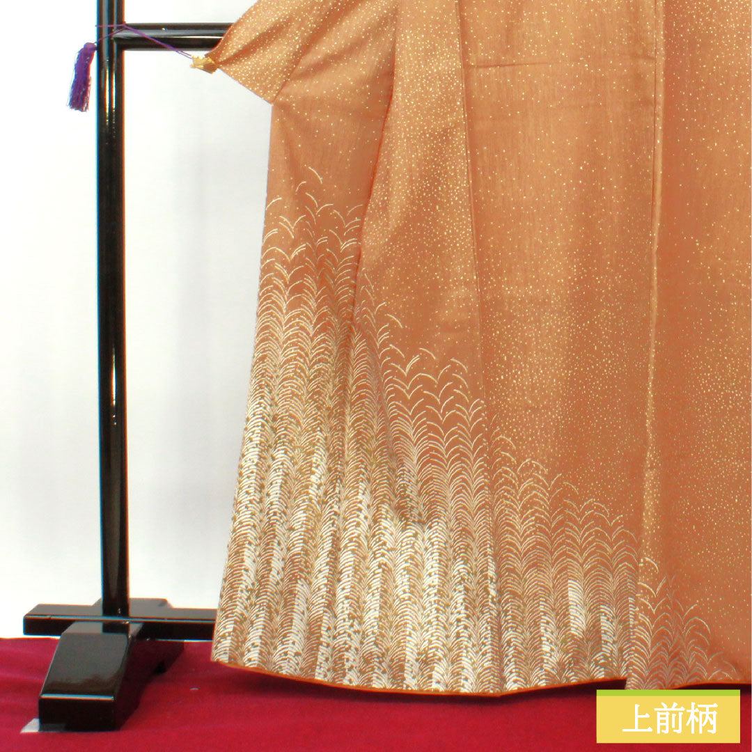 Homongi (formal kimono) made of polyester, lined, length 165cm, sleeve length 65.5cm, hunting tiger color, washable kimono, with undergarment, S rank, brown, 1112003692514
