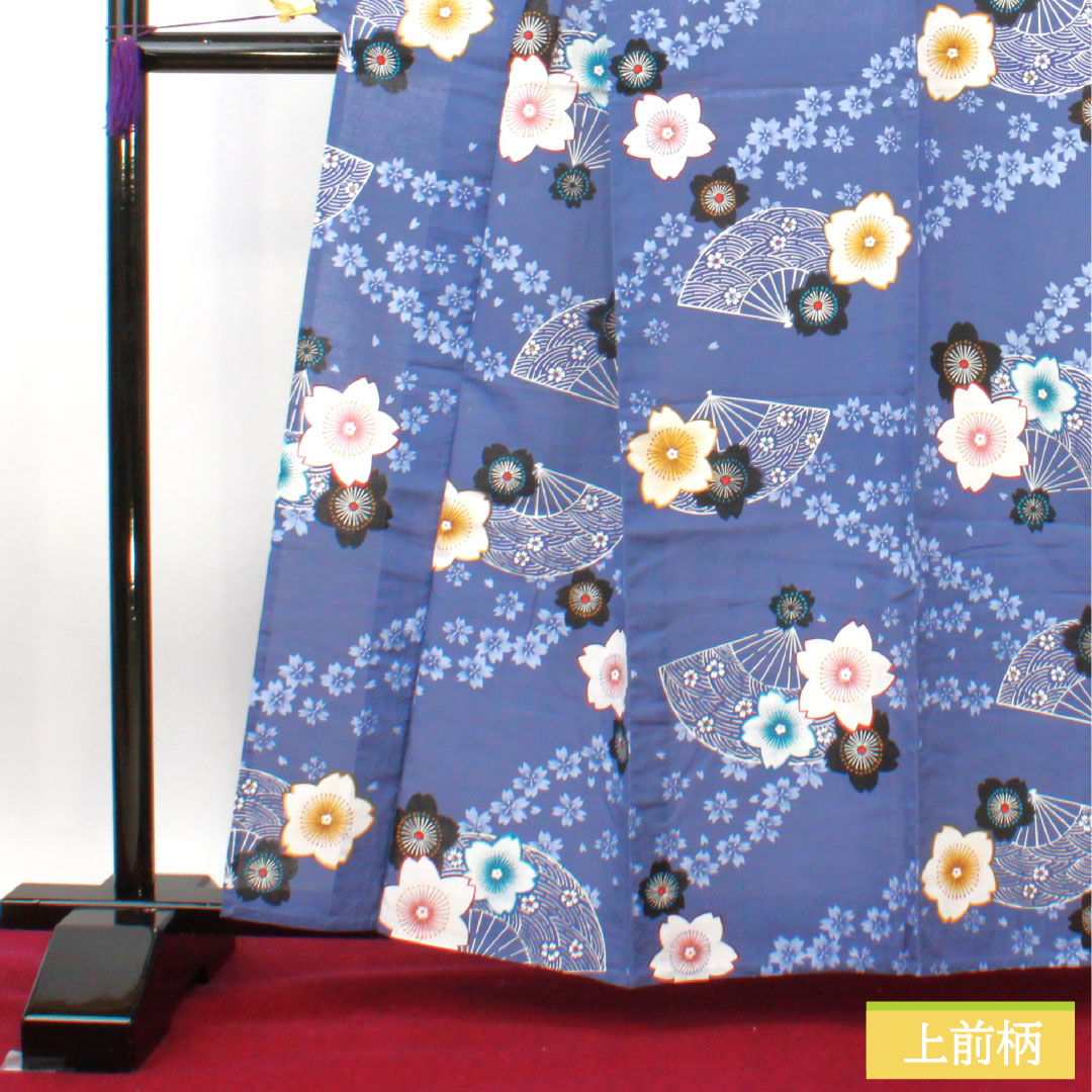 Yukata Cotton Length 160cm Sleeve length 64cm S rank Single layer Blue Edo-nandou color Cherry blossom Folding fan 1118005192417