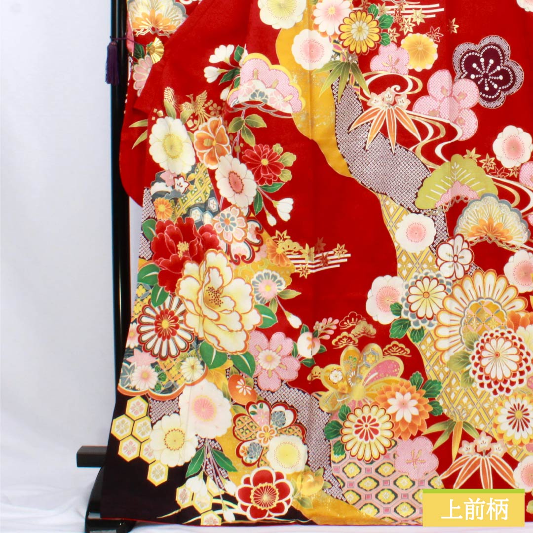 振袖 正絹 Sランク 身丈170.5cm 裄丈67.5cm 袷 真紅色(しんくいろ) 京友禅 吉祥文様 松竹梅 菊 ECOガード加工 赤系 1113002602612