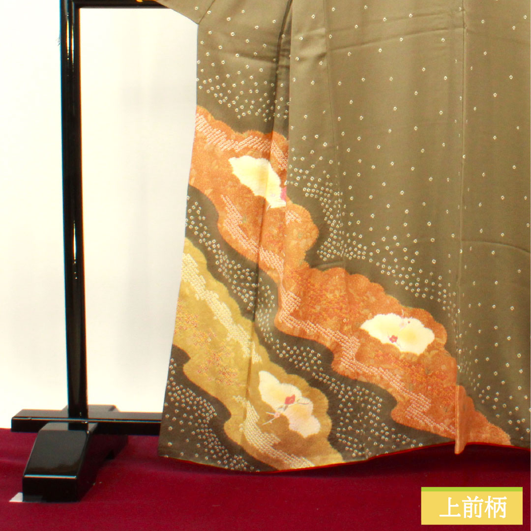 Homongi, pure silk, lined, length 162.5cm, sleeve length 66.5cm, sand color, embroidery, partial tie-dyeing, super bell guard, S rank, gray, 1112003632422
