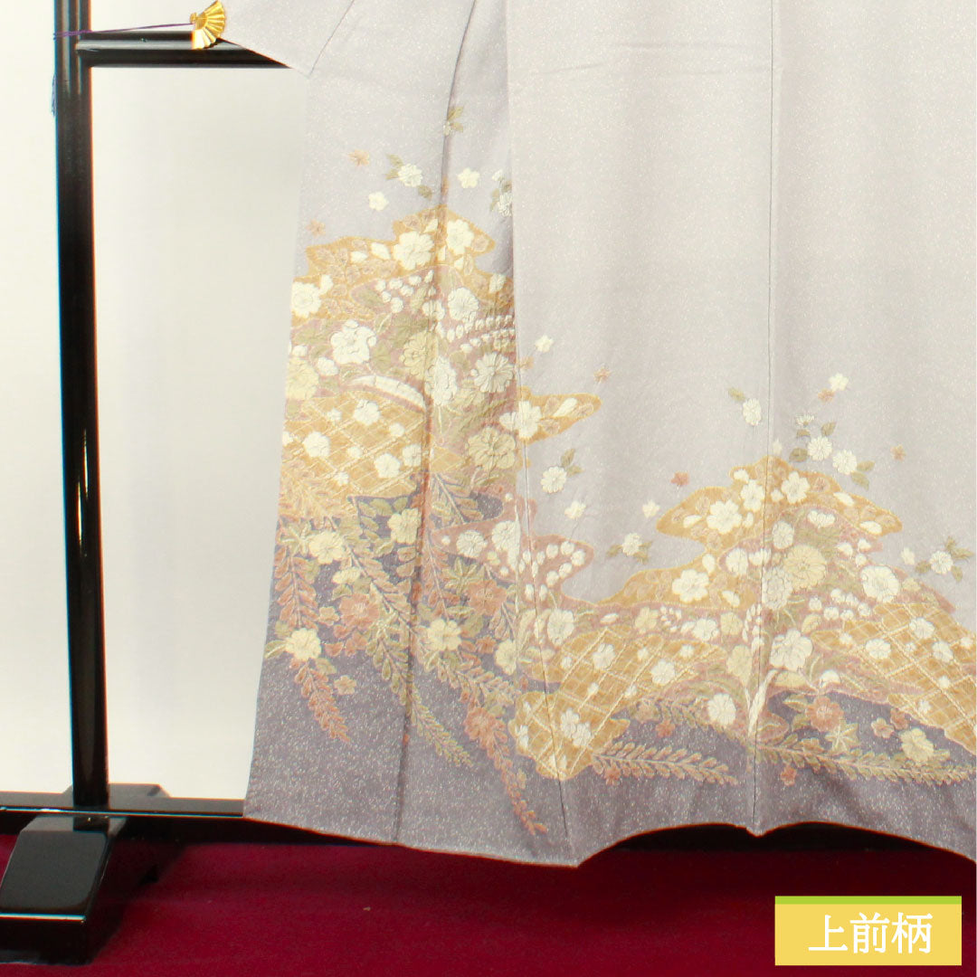 Homongi, pure silk, lined, length 156.5cm, sleeve length 63.5cm, snow color, Tsujigahana, artist's work, A rank, gray, 1112004893322