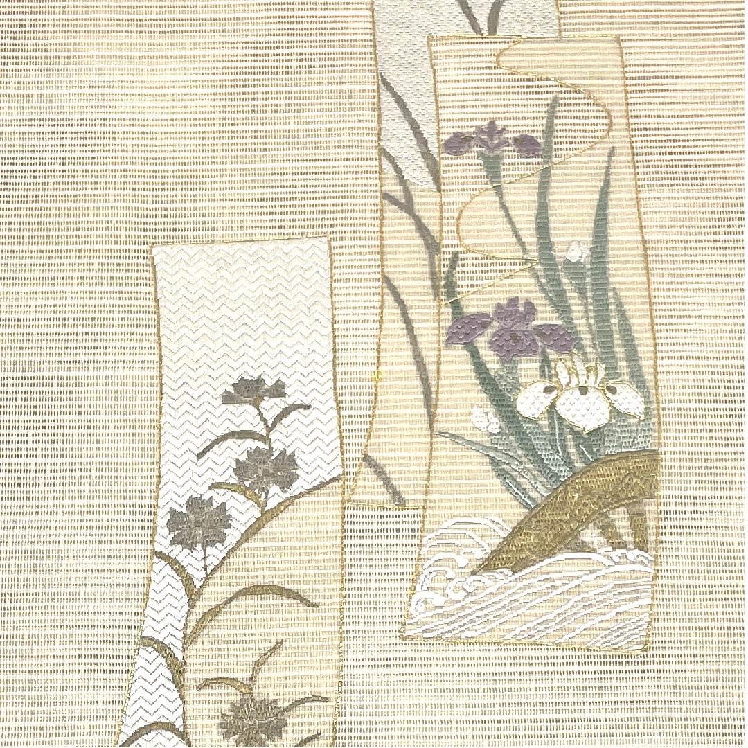 Nagoya obi, natural color, summer obi, silk, iris, cosmos, flowing water, obi length 366cm, pure silk, S rank, point pattern, formal, cream color, 1124004472315, open style