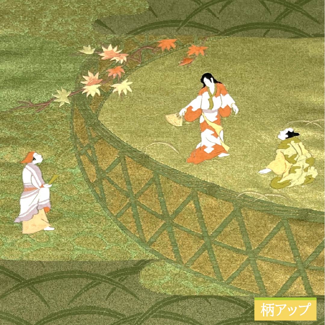 名古屋帯 正絹 Aランク 開き仕立て 青丹色(あおにいろ) 蘇州刺繍 古典柄 源氏物語 帯丈364cm ポイント柄 セミフォーマル 緑系 1124012563319