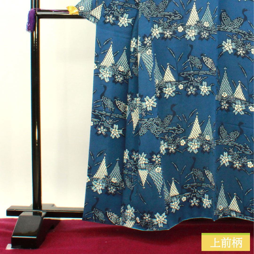 Komon, pure silk, length 158.5cm, sleeve length 65cm, lined, navy blue bellflower color, Kyoto Bingata, swan, cherry blossom, flowing water, S rank, navy blue, 1115004182318
