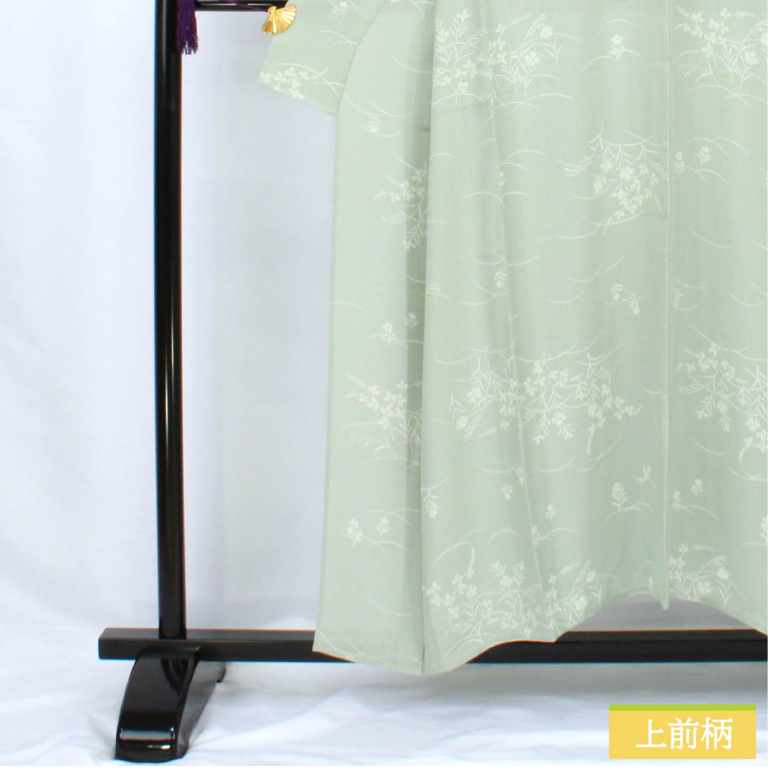 夏物 正絹 小紋 身丈153cm 裄丈62cm 白緑色(びゃくろくいろ) 京友禅 秋草 三松シルクケア 絽 Aランク 緑系 1132002093219