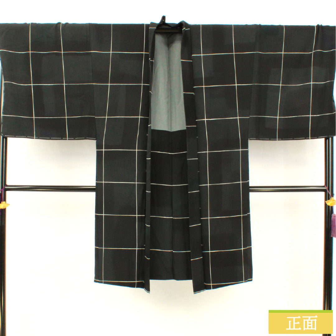 男物 正絹 Sランク 身丈104cm 裄丈75cm 格子 染め しつけ糸付き 黒系 1119001542110