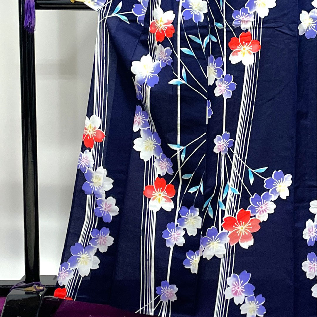 Yukata with basting thread, unused, dark blue, cherry blossom, cotton, S rank, single layer, length 165.5cm, sleeve length 64.5cm, navy blue, 1118002342518