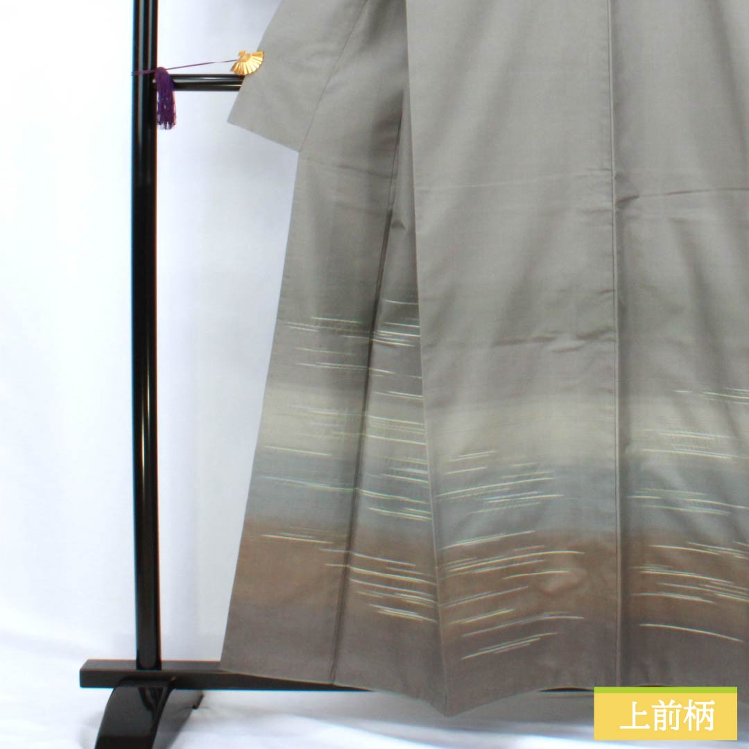 Homongi (visiting kimono) made of pure silk, S-rank, lined, length 158cm, sleeve length 65cm, natural gray (sunetsuiro) Hakusan Tsumugi silk with pearl-tone stitching and gray accents. Product code: 1112006112322
