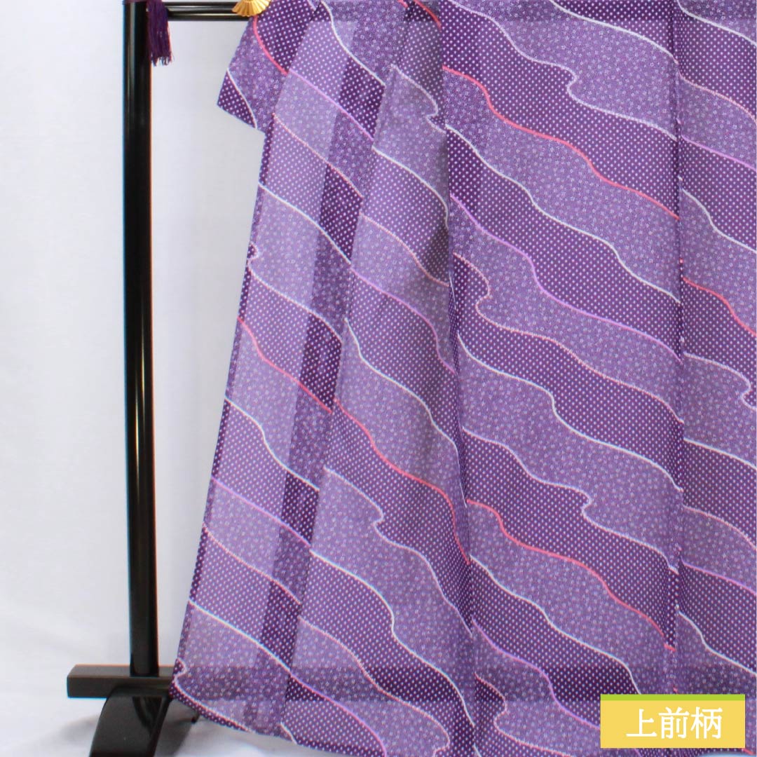 Summer kimono, polyester, Komon, Length 167.5cm, Sleeve Length 68.5cm, Purple (Murasakiiro), Small Floral Pattern, Michinaga Pattern, Washable, Ro, S Rank, Purple, Item Number 1132002522520