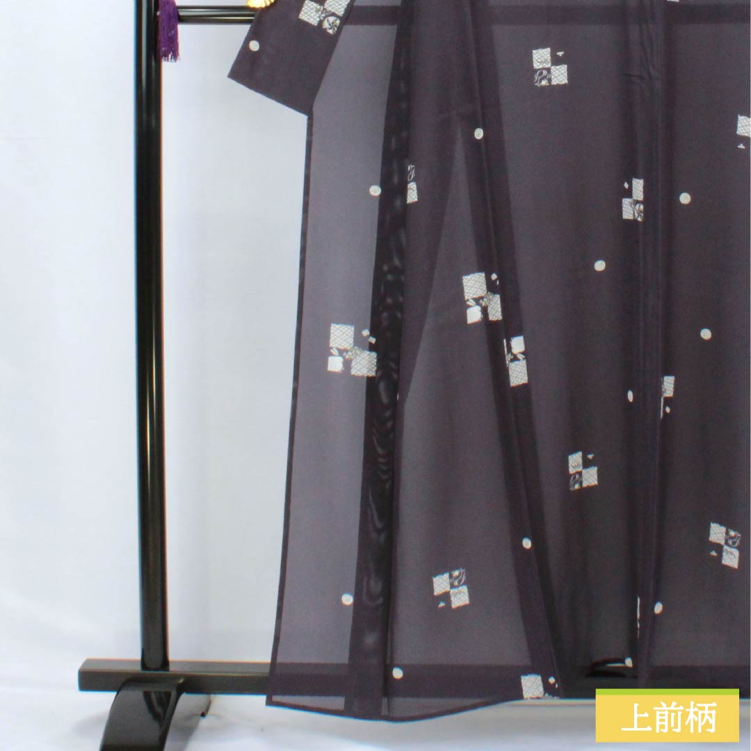 夏物 正絹 小紋 身丈158cm 裄丈67cm 褐色(かちいろ) 型染 飛び市松 古典柄 絽 Sランク 紫系 1132002802320