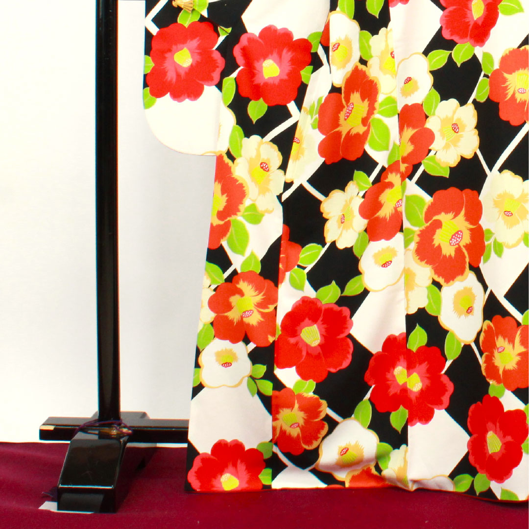 Long-sleeved kimono, length 168cm, sleeve length 68cm, lined, monotone, washable kimono, camellia, poly, S rank, black, 1113001392510