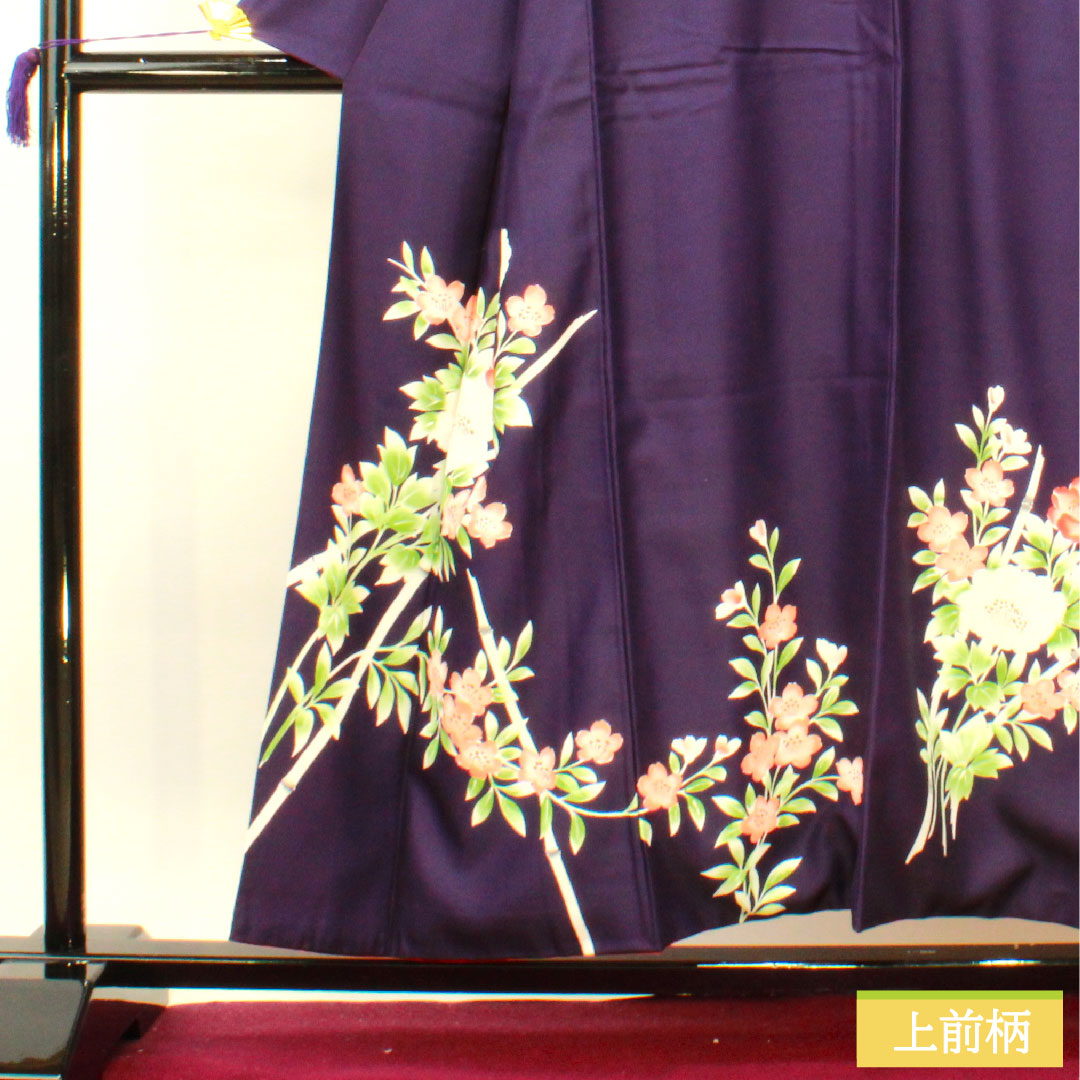 Homongi (formal kimono) made of polyester, lined, length 155.5cm, sleeve length 64.5cm, dark blue, washable, floral pattern, tsukesage, A rank, purple, 1112004233320