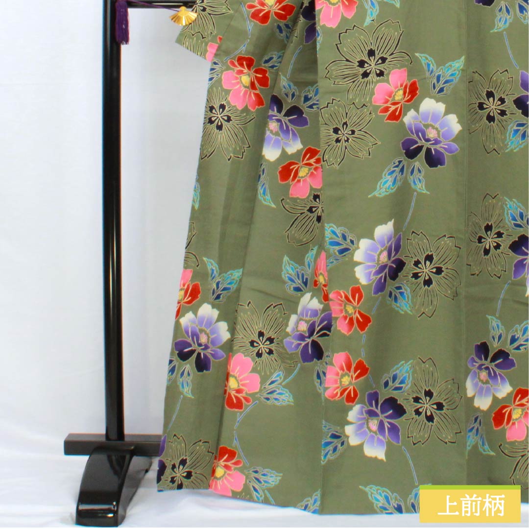 Yukata Cotton Length 167.5cm Sleeve length 66.5cm S rank Single layer Green Iwai brown (Iwai chairo) Hibiscus 1118005262519
