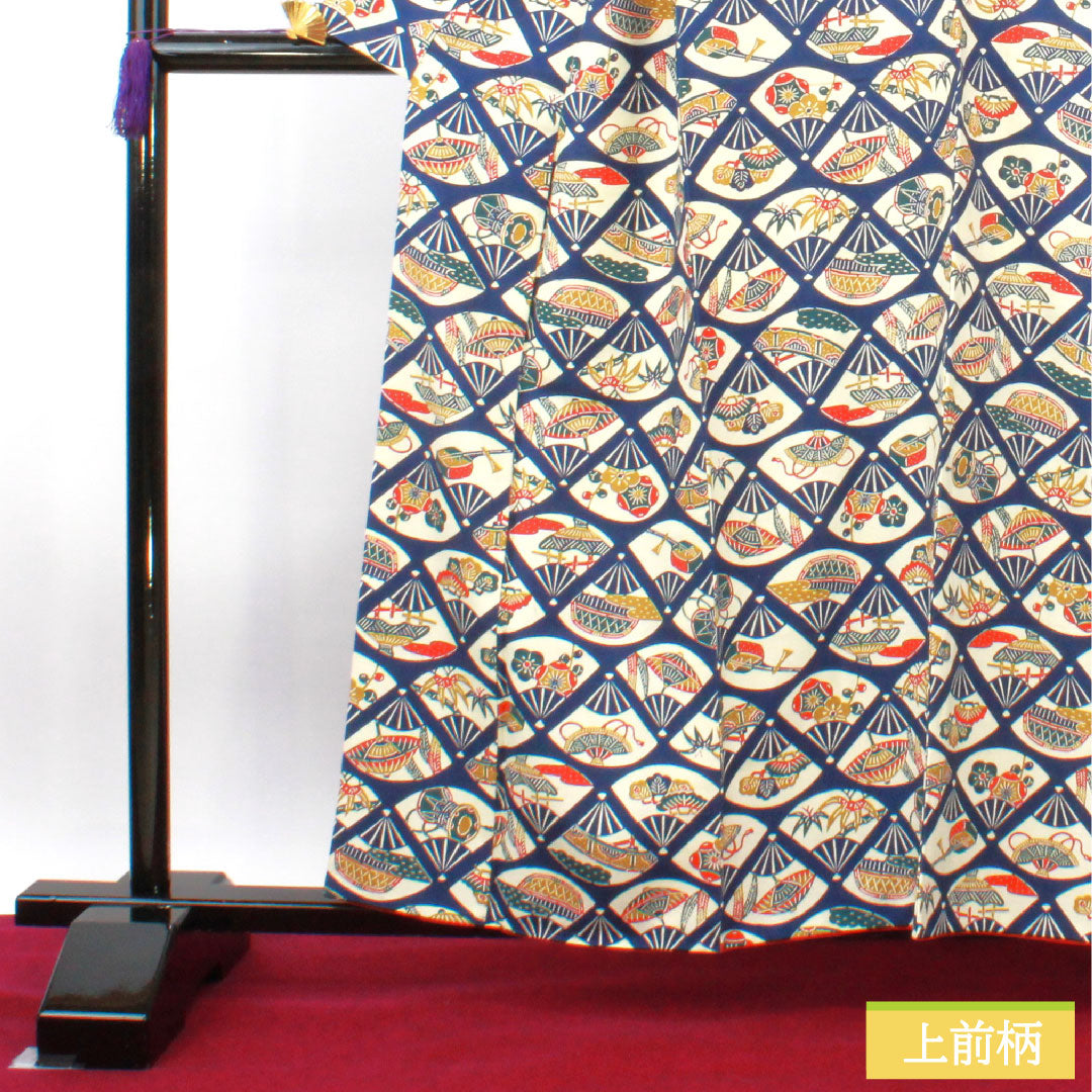 Komon, pure silk, length 159cm, sleeve length 62.5cm, lined, dark blue, stencil dyeing, auspicious motif, pongee fabric, A rank, navy blue, 1115004073318