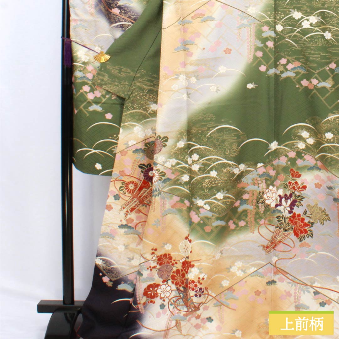 振袖 正絹 Aランク 身丈170.5cm 裄丈68.5cm 袷 山鳩色(やまばといろ) 京友禅 吉祥文様 梅 松 緑系 1113002173619