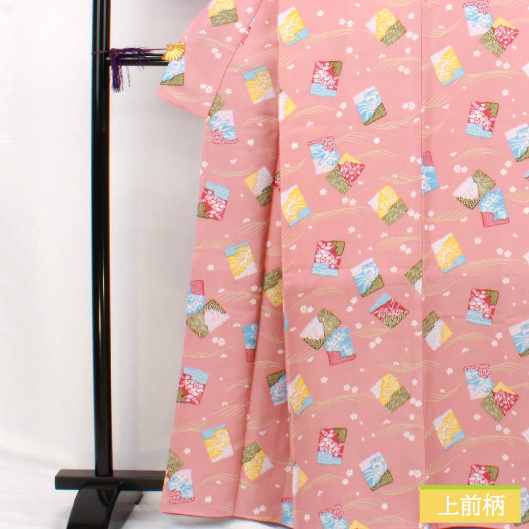Small-patterned kimono, polyester, S rank, length 165.5cm, sleeve length 66cm, lined, pale pink plum color (usukoubaiiro), classic pattern, with basting thread, washable, pink, 1115007042513