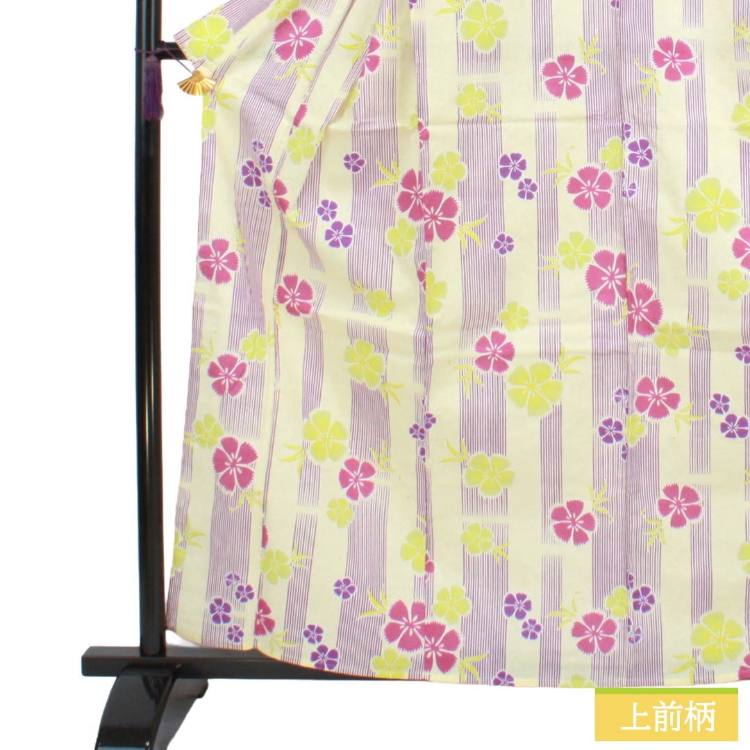 浴衣 木綿 Sランク 身丈162cm 裄丈65.5cm 淡黄蘗色(うすきはだいろ) 縞 秋桜 型染 単衣 黄系 1118007022423