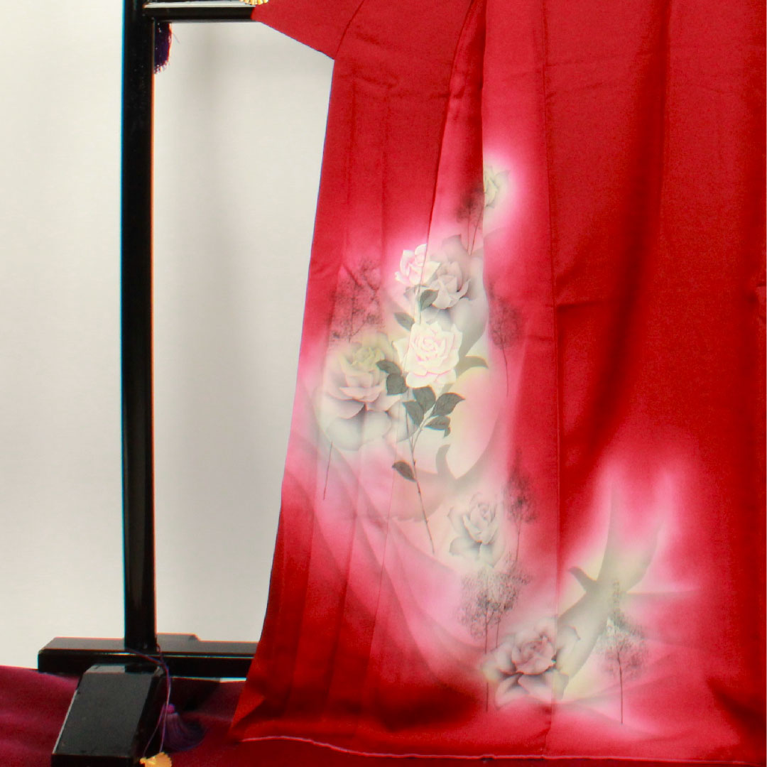 Homongi, lined, length 170cm, sleeve length 69cm, grape color, hand-painted Yuzen, rose, pure silk, S rank, purple, 1112001702620