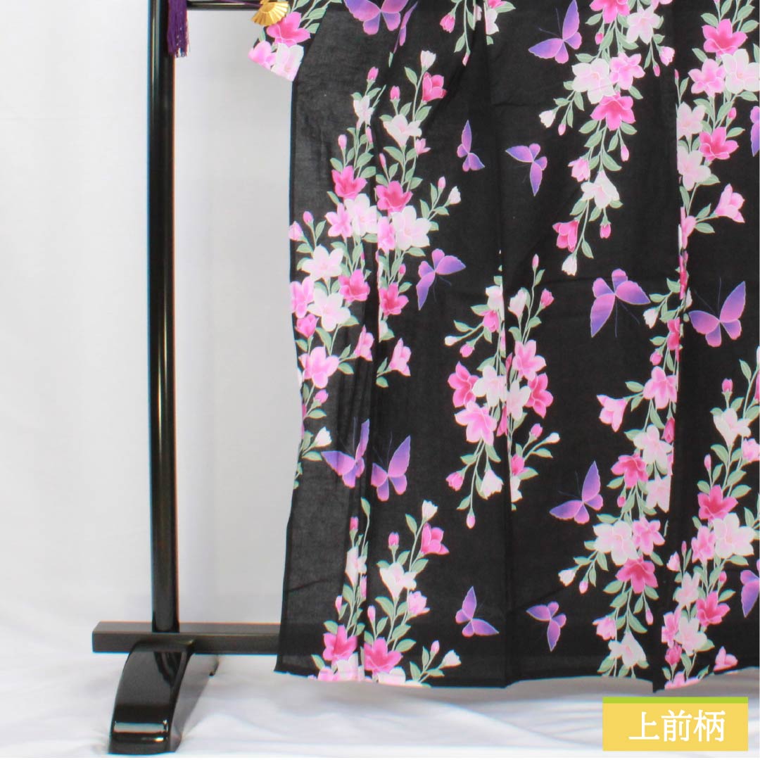 Cotton Yukata, Length 163cm, Sleeve Length 64cm, S Rank, Single Layer, Black, Iron Wire, Butterfly Design, 1118006082410
