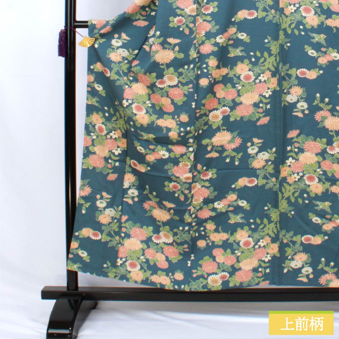 Polyester Komon, Rank A, Length 155.5cm, Sleeve-to-sleeve 62cm, Unlined, Ura-iro color, Katazome, Chrysanthemum, Bird, Washable Kimono, Blue, 1115007893317